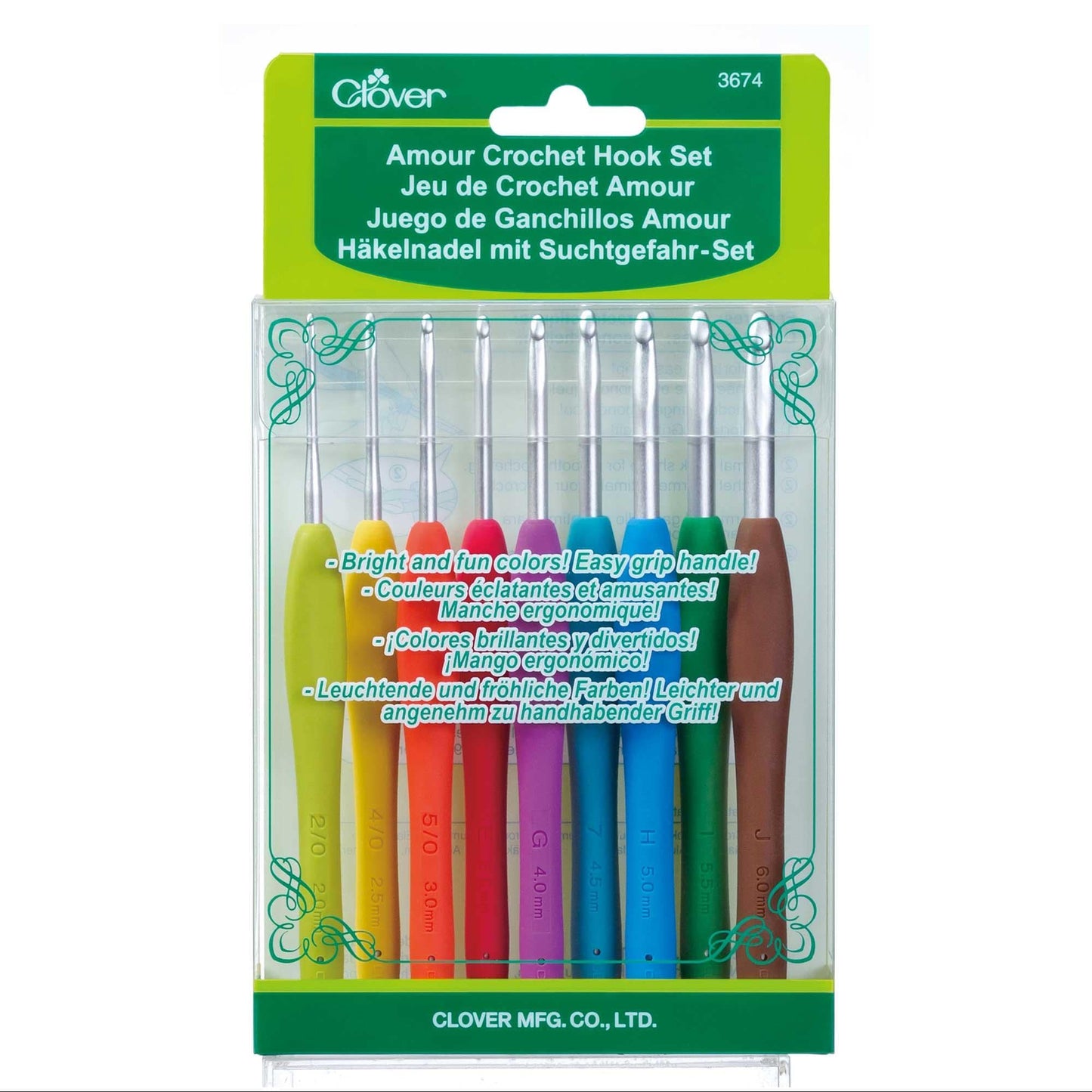 Clover Amour Crochet Hook Set – 9 Soft Grip Hooks (2.0mm–6.0mm)