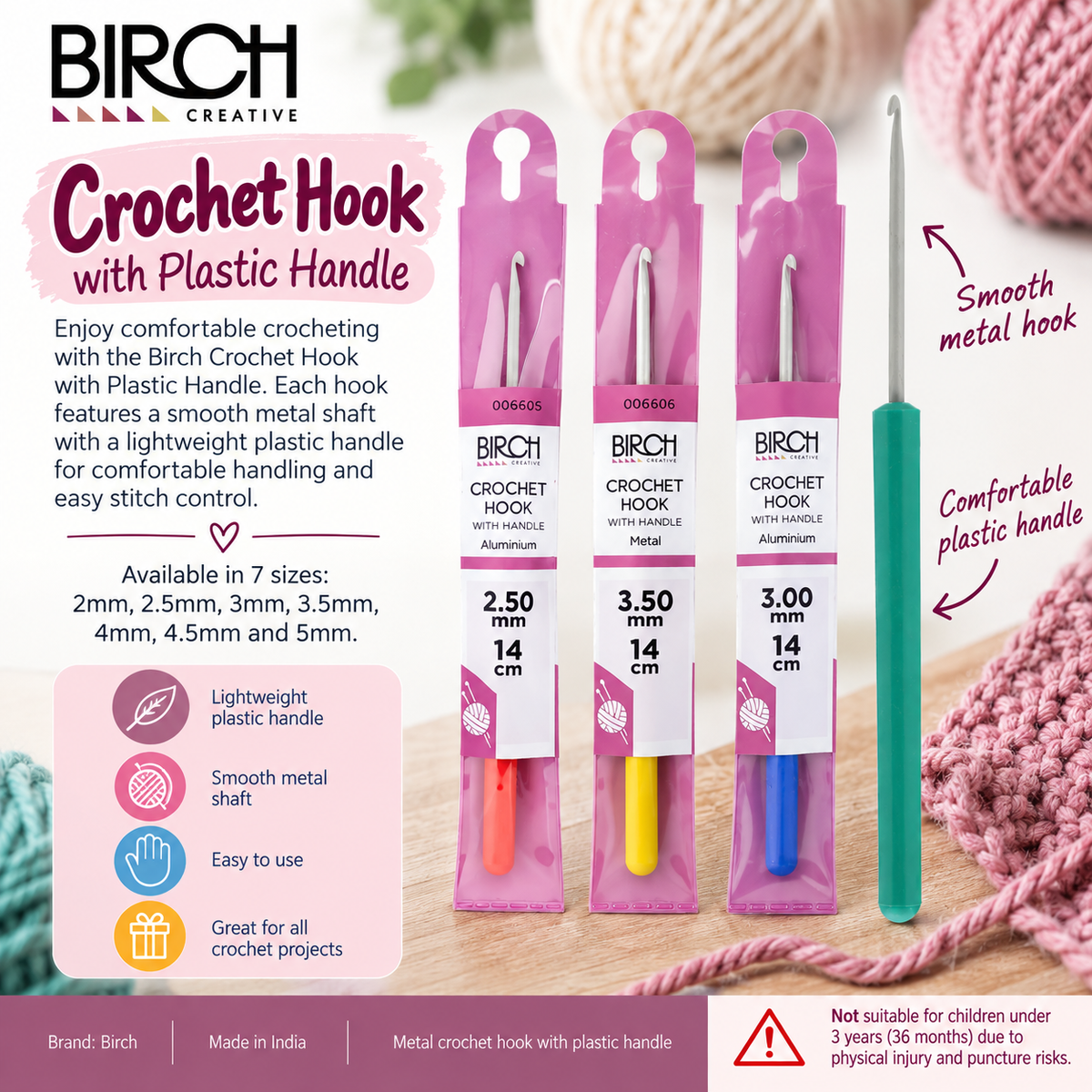 Birch Crochet Hook with Plastic Handle – 2mm to 5mm