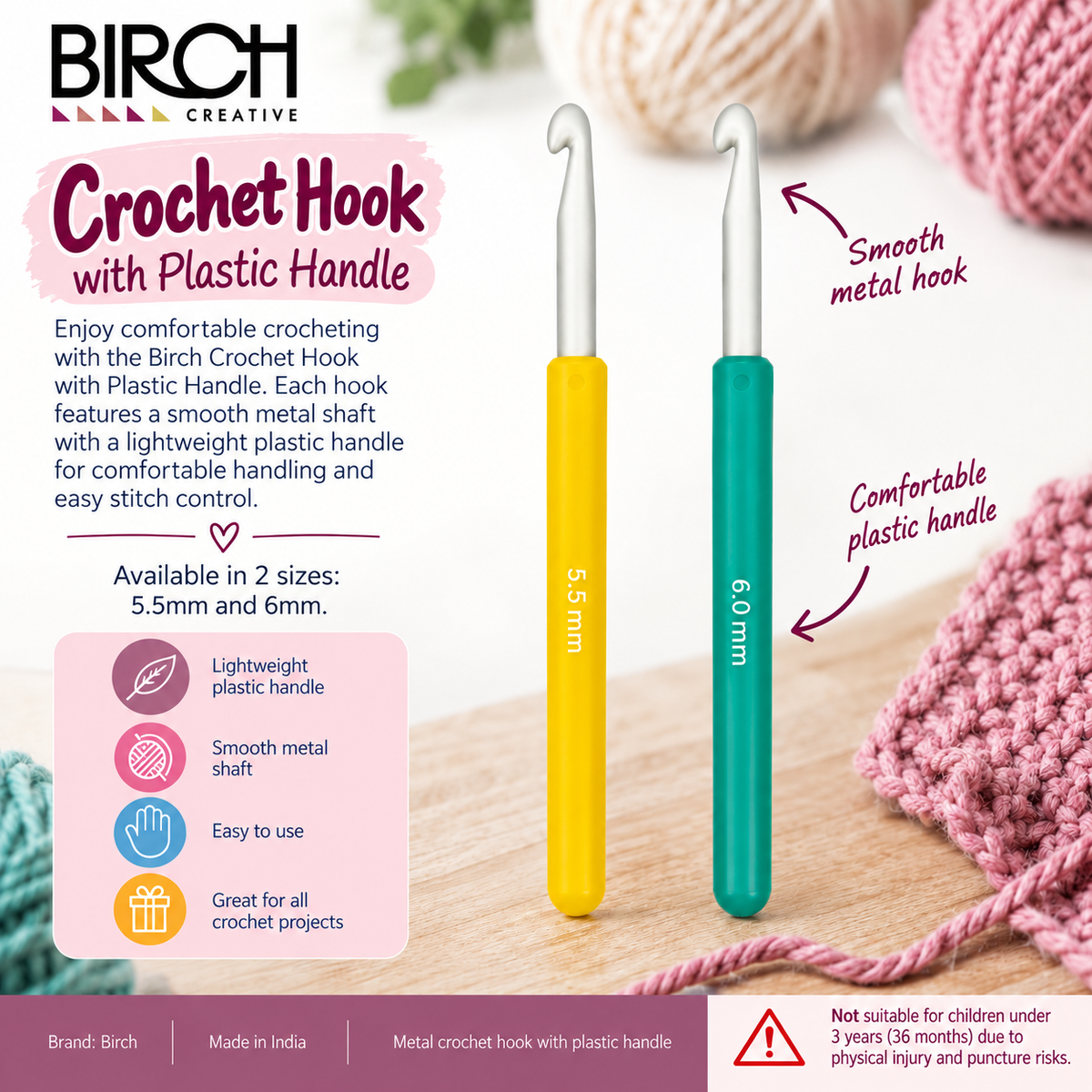 Birch Crochet Hook with Plastic Handle – 5.50mm to 6.00mm