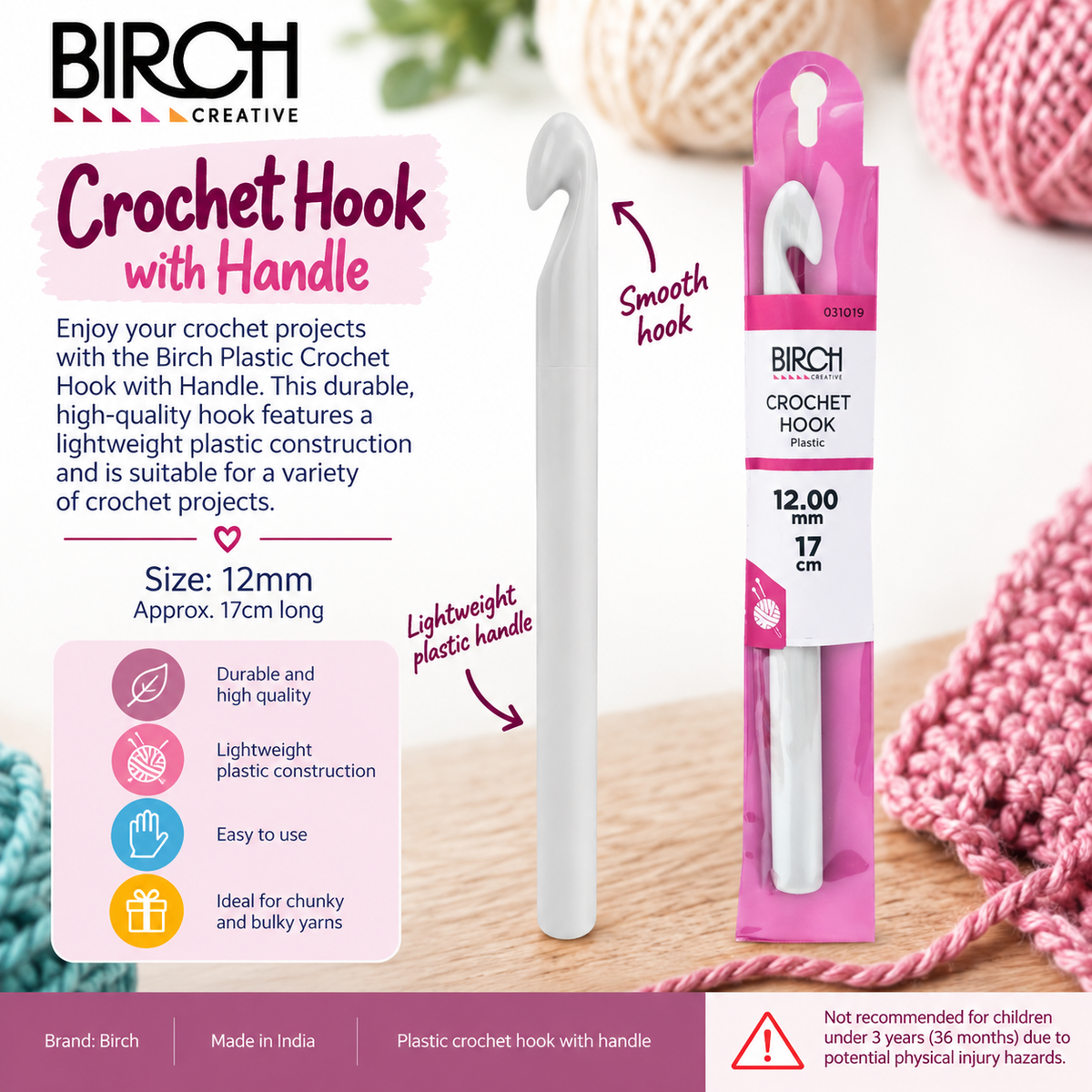 Birch Plastic Crochet Hook with Handle – 12mm