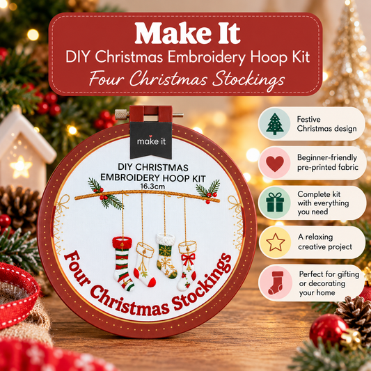 Make It DIY Christmas Embroidery Hoop Kit – Four Christmas Stockings 16.3cm