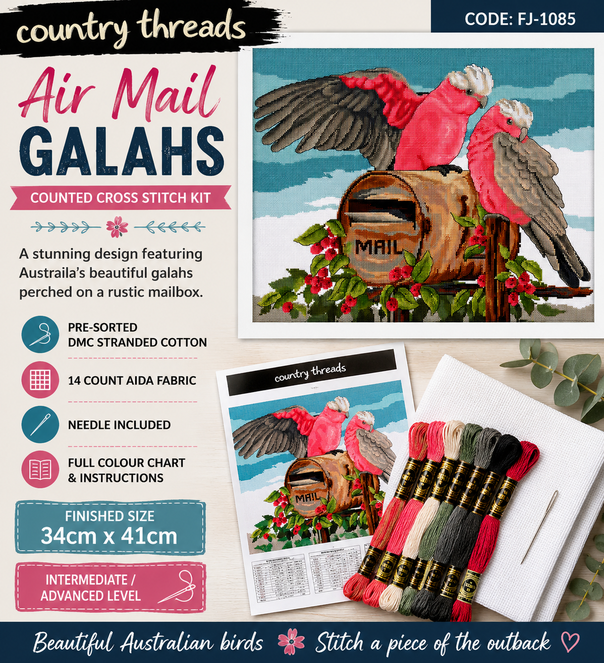 Country Threads Air Mail Galahs Counted Cross Stitch Kit – 34 × 41cm