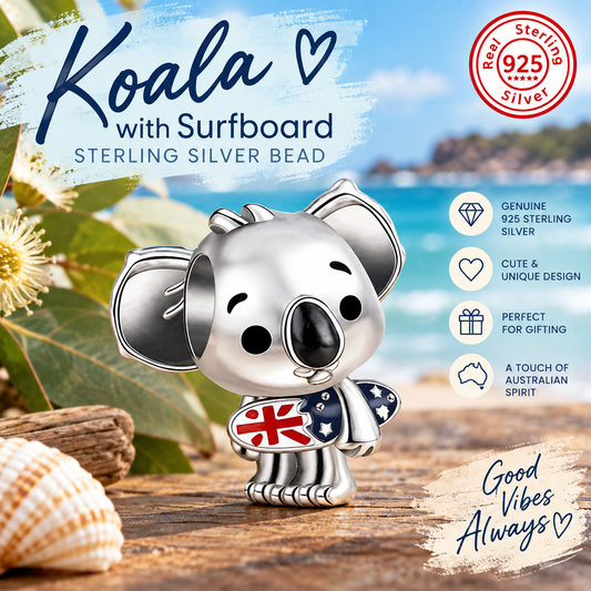Koala with Surfboard 925 Sterling Silver Charm Bead