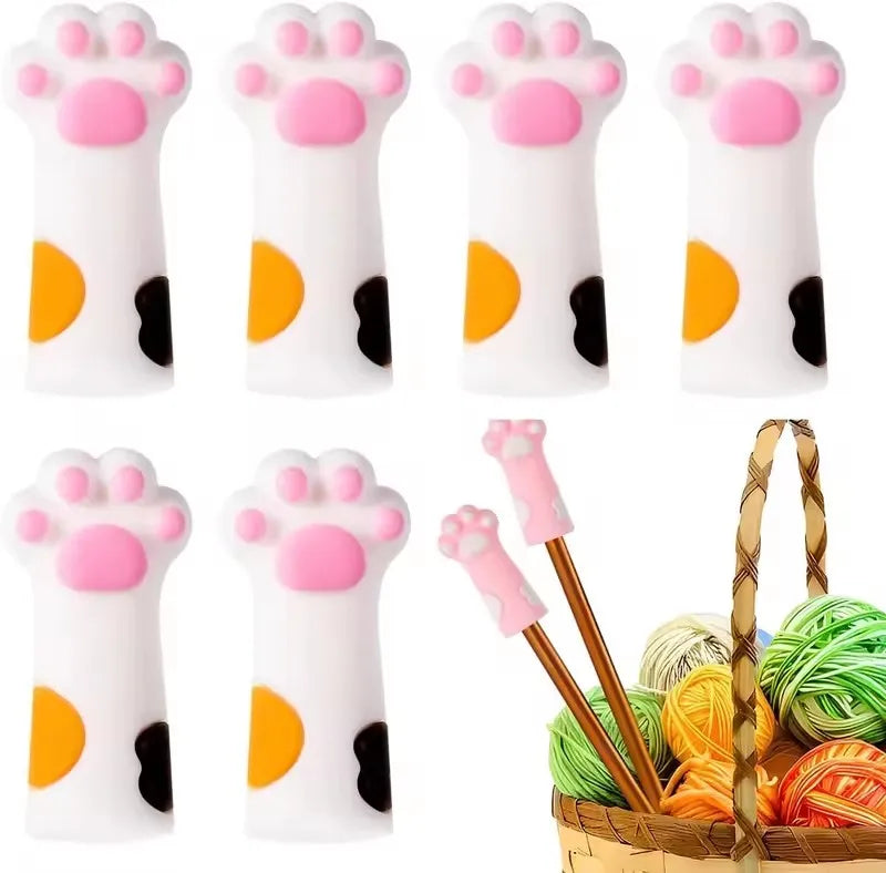 6-Piece Cat Paw Knitting Needle Stoppers - Silicone Point Protectors for DIY Sewing