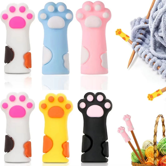 6-Piece Cat Paw Knitting Needle Stoppers - Silicone Point Protectors for DIY Sewing