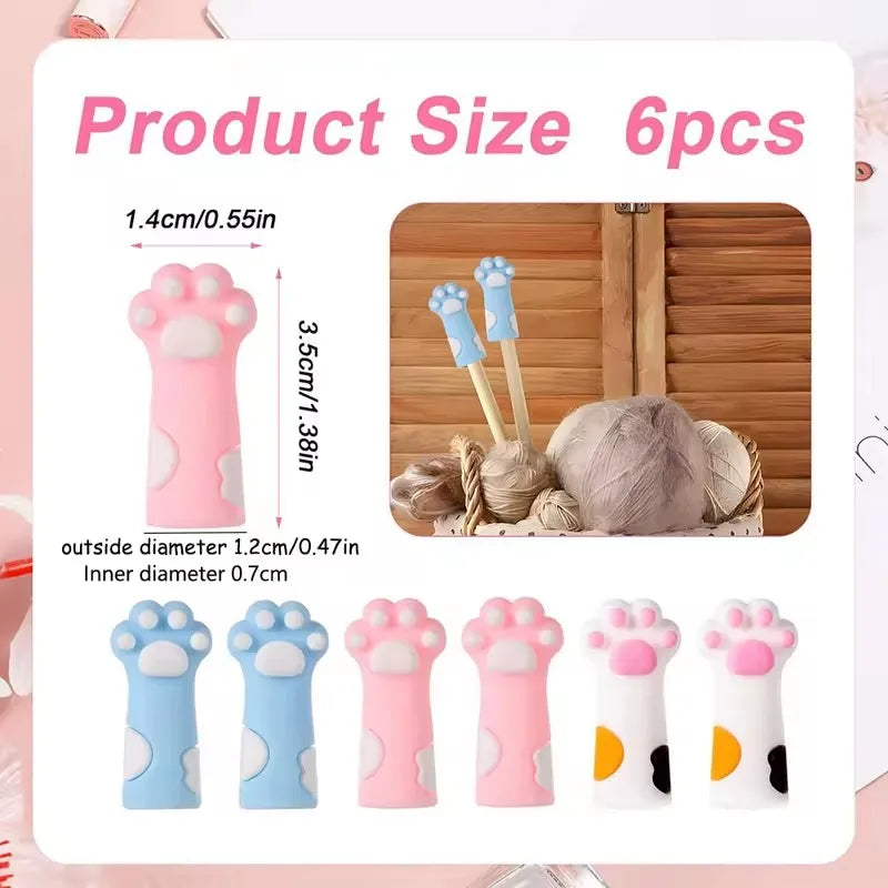 6-Piece Cat Paw Knitting Needle Stoppers - Silicone Point Protectors for DIY Sewing