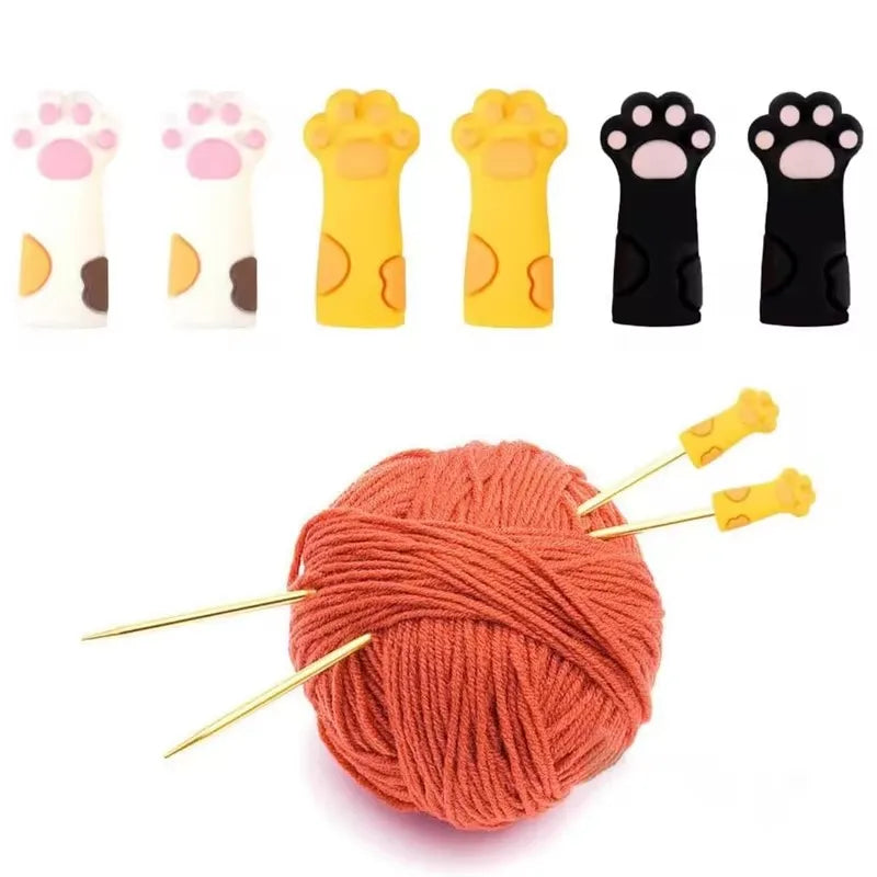 6-Piece Cat Paw Knitting Needle Stoppers - Silicone Point Protectors for DIY Sewing