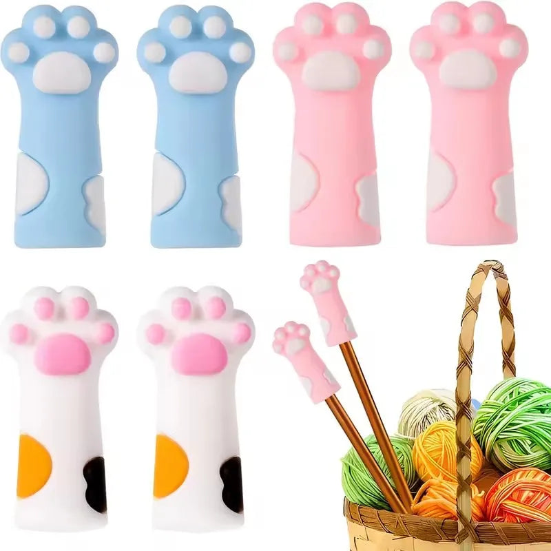 6-Piece Cat Paw Knitting Needle Stoppers - Silicone Point Protectors for DIY Sewing