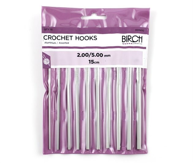 Birch Crochet Hook pack of 10, 2mm-5mm - ALUMINIUM