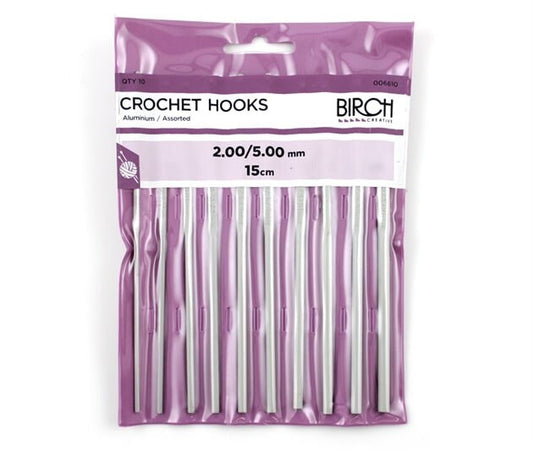 Birch Crochet Hook pack of 10, 2mm-5mm - ALUMINIUM