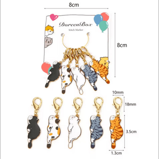 5pcs Cat Stitch Markers – Enamel Clip-On Charms for Knitting & Crochet