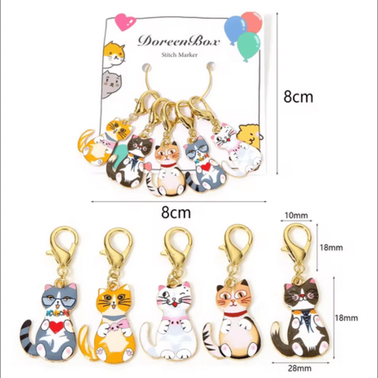5pcs Cat Stitch Markers – Enamel Clip-On Charms for Knitting & Crochet
