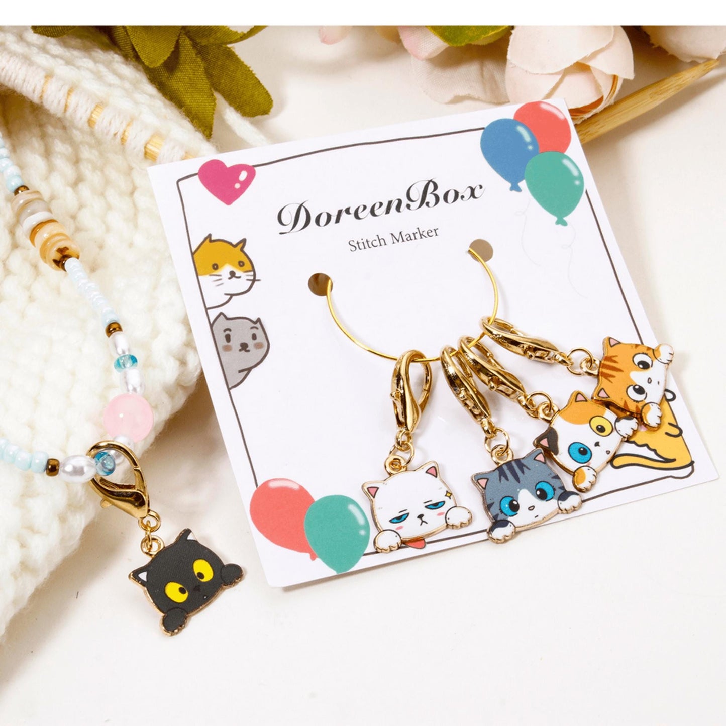 5pcs Cat Stitch Markers – Enamel Clip-On Charms for Knitting & Crochet