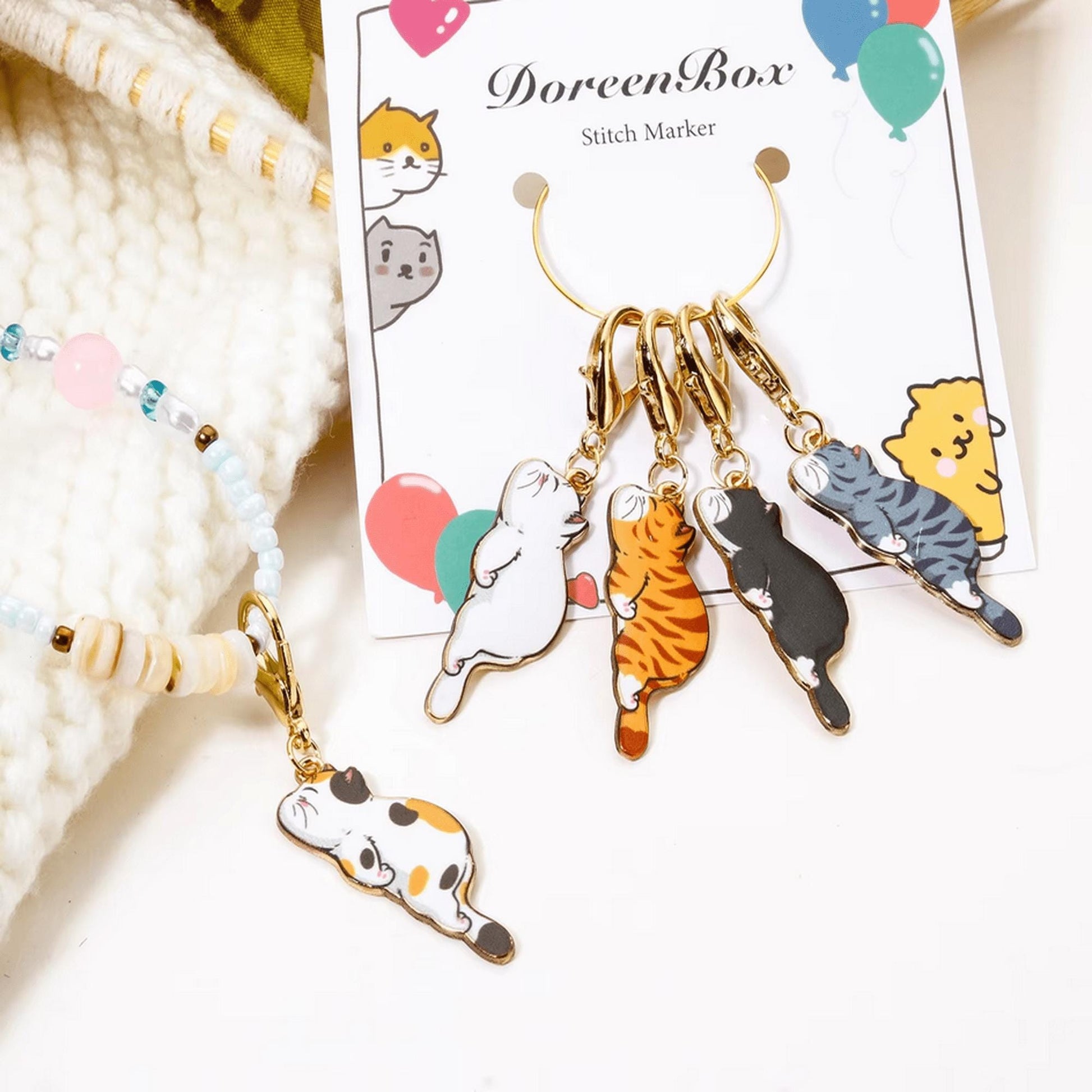 5pcs Cat Stitch Markers – Enamel Clip-On Charms for Knitting & Crochet