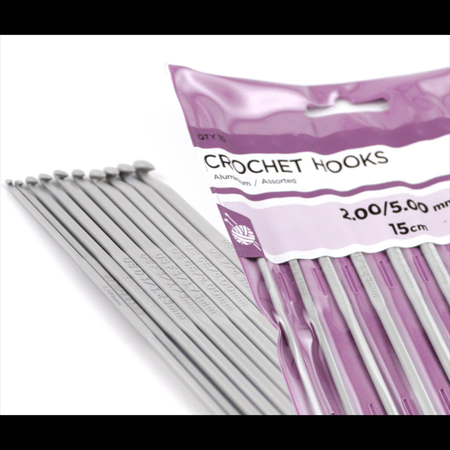 Birch Crochet Hook pack of 10, 2mm-5mm - ALUMINIUM
