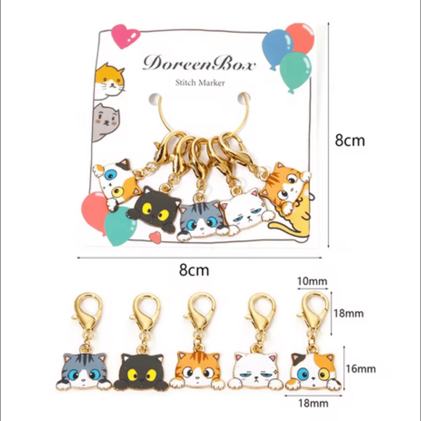 5pcs Cat Stitch Markers – Enamel Clip-On Charms for Knitting & Crochet