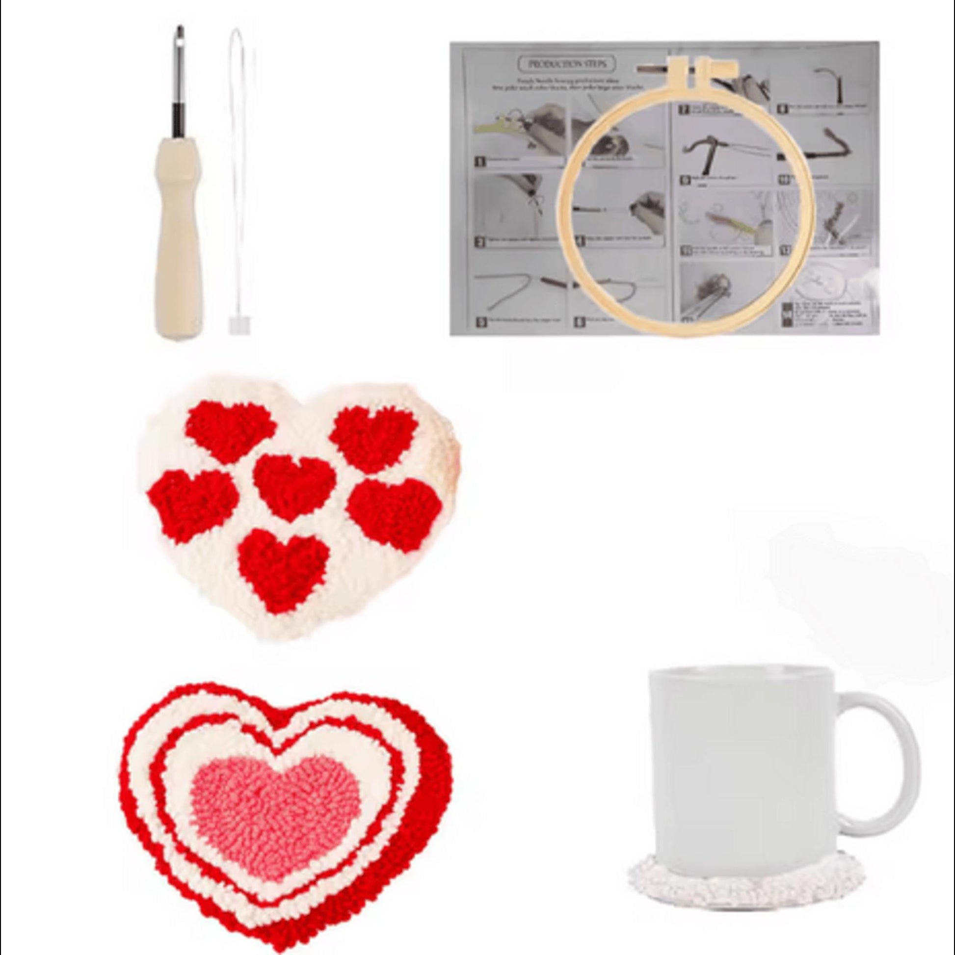 2PCS Heart Pattern Punch Needle Embroidery Coaster Kit – DIY Craft Set for Adults