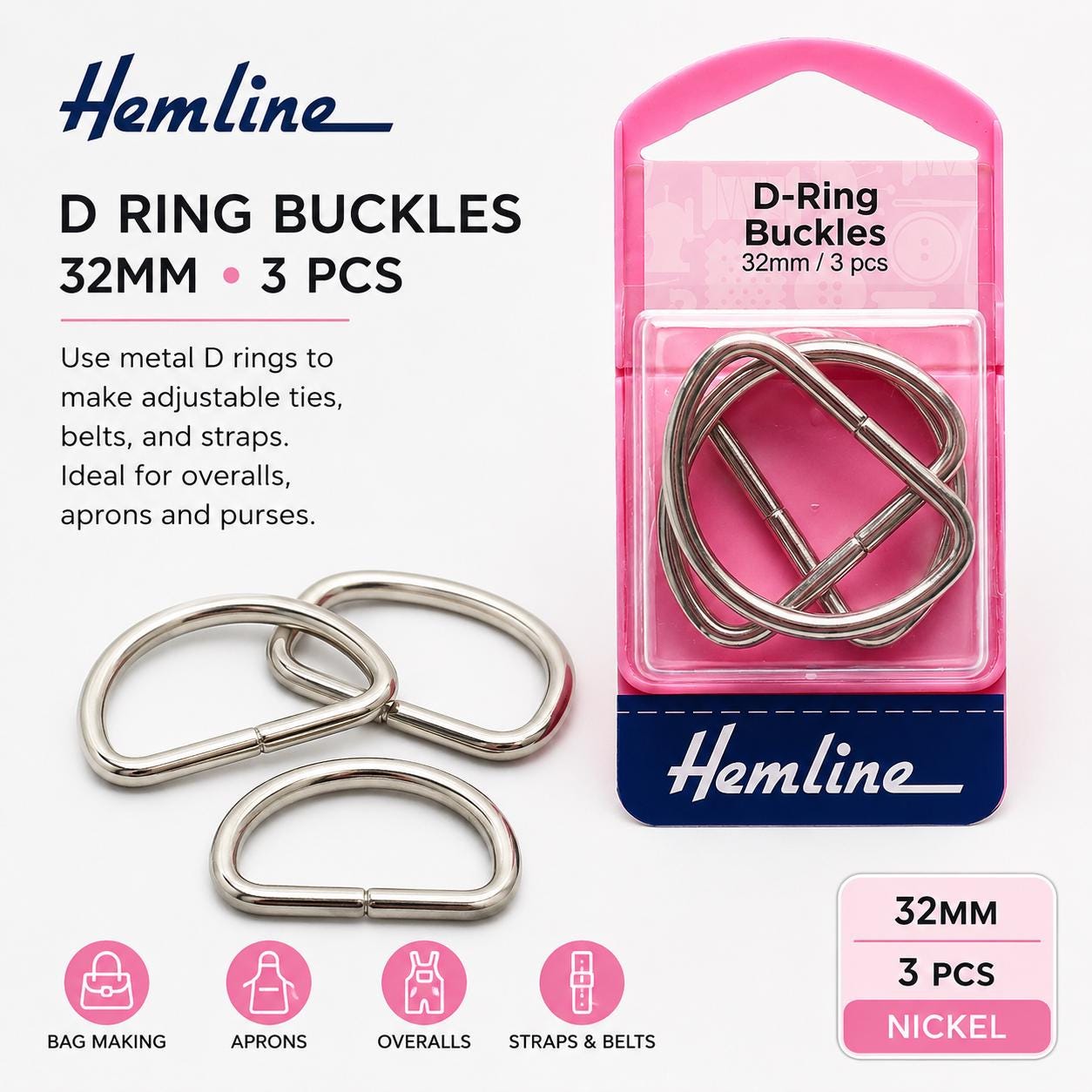 Hemline 32mm Nickel D Ring Buckles 3 Pack Bag Strap Hardware