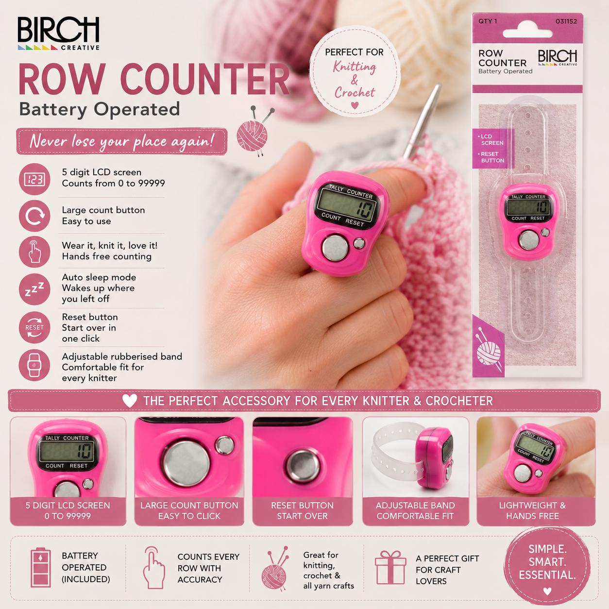 Birch Digital Row Counter for Knitting & Crochet | Finger Tally Counter LCD Display