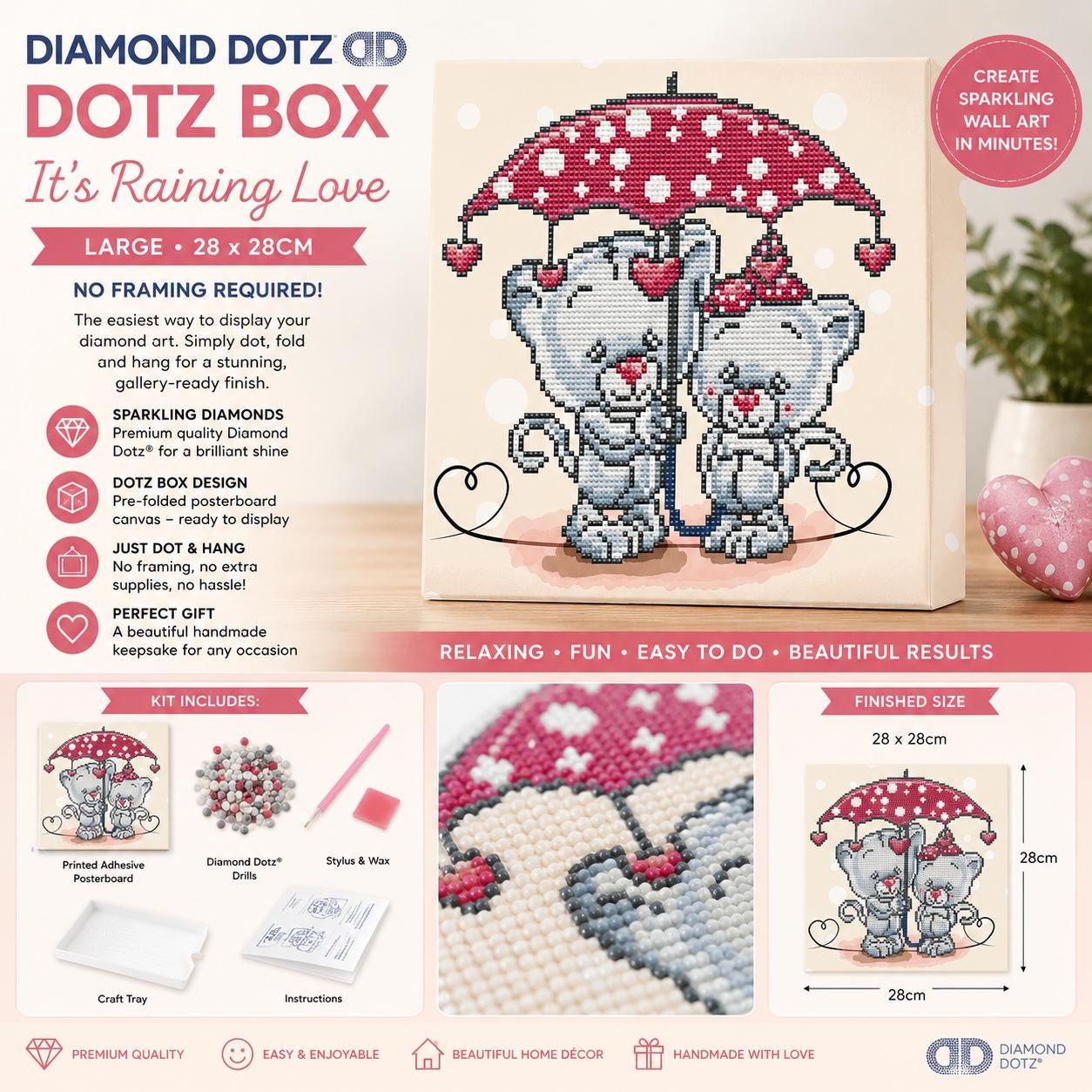 Diamond Dotz DOTZ BOX It's Raining Love Large | 28 x 28cm | No Framing Required | DIY Diamond Painting Kit