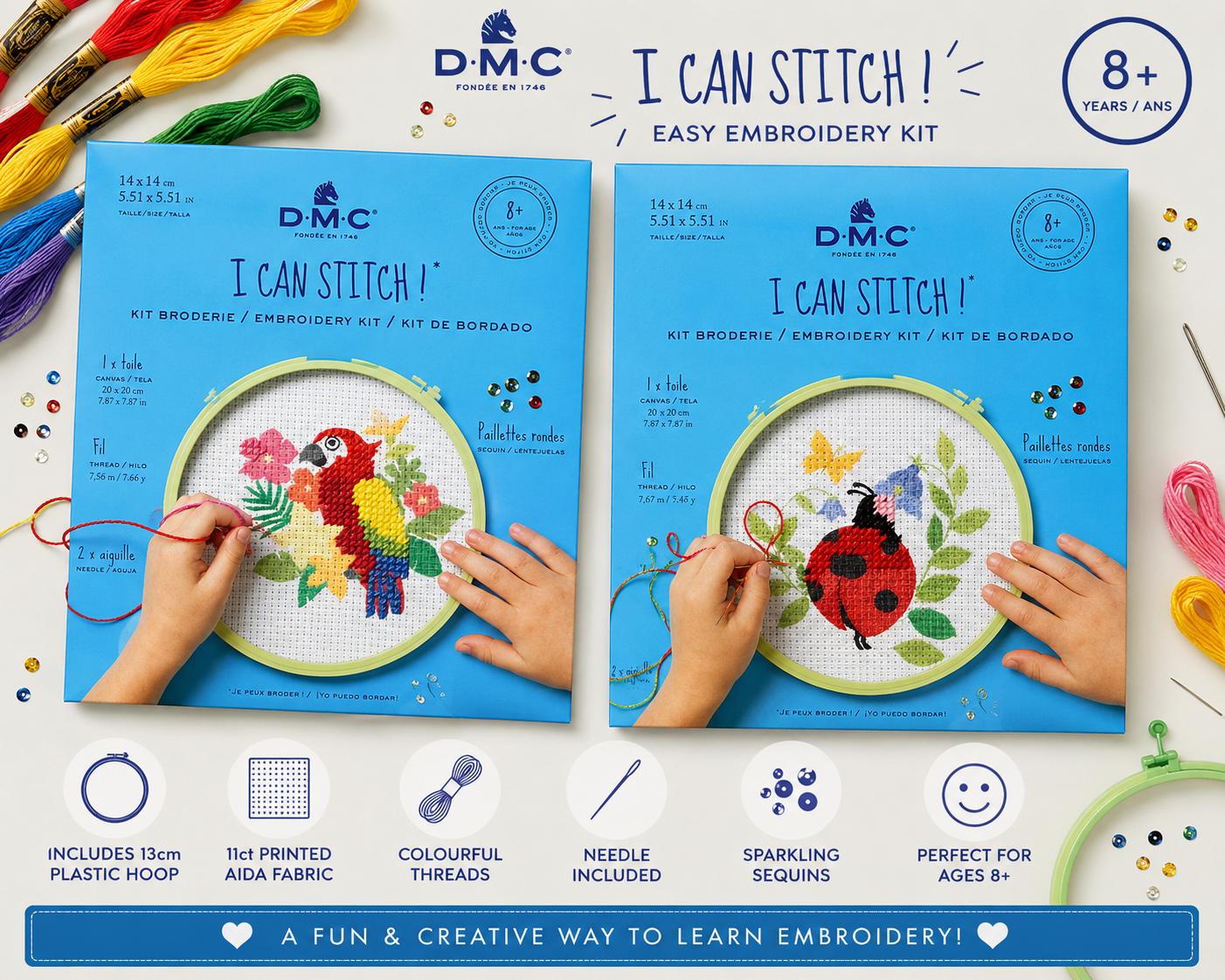 DMC Embroidery Kit for Kids – Beginner Cross Stitch Parrot or Ladybird Ages 8+
