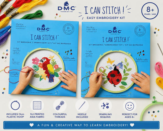 DMC Embroidery Kit for Kids – Beginner Cross Stitch Parrot or Ladybird Ages 8+