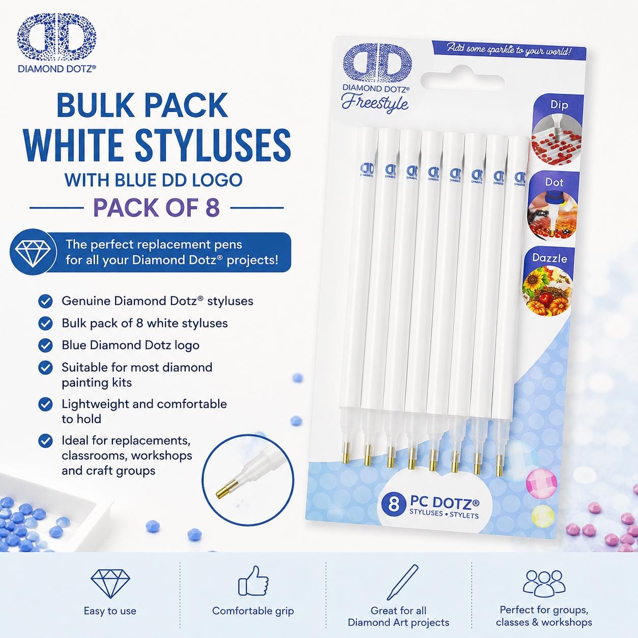 Diamond Dotz Bulk Pack White Styluses With Blue Logo Pack of 8