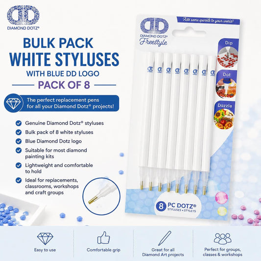 Diamond Dotz Bulk Pack White Styluses With Blue Logo Pack of 8