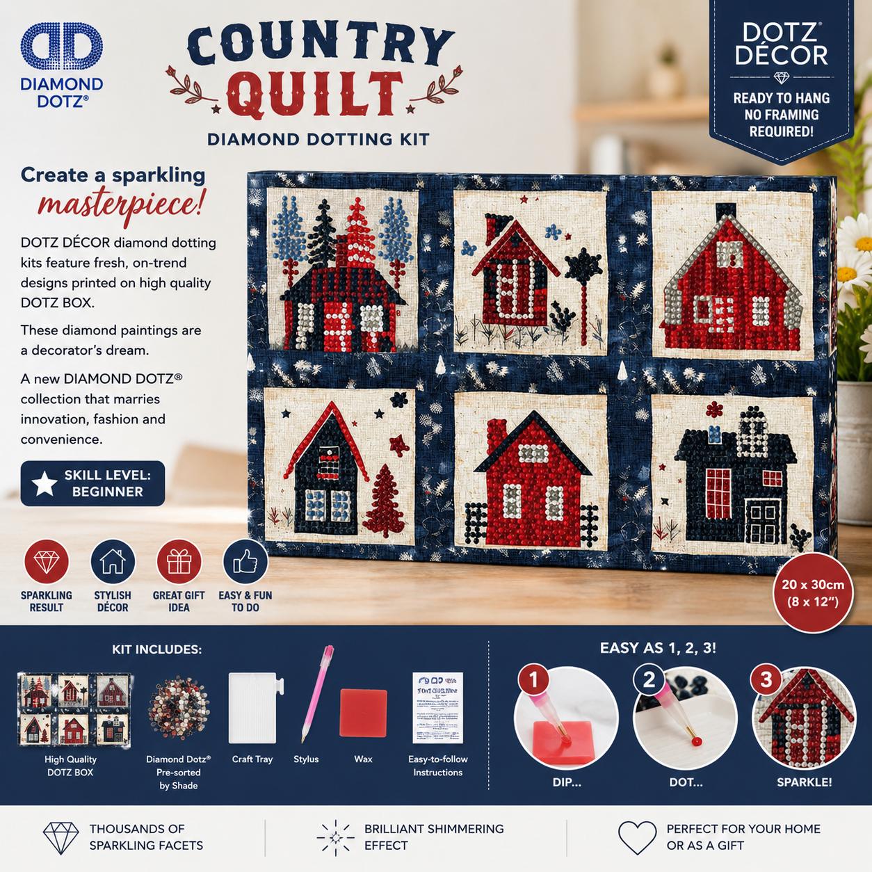 Diamond Dotz Country Quilt Diamond Painting Kit 20 x 30cm | Beginner DIY Craft | Ready to Hang DOTZ Décor