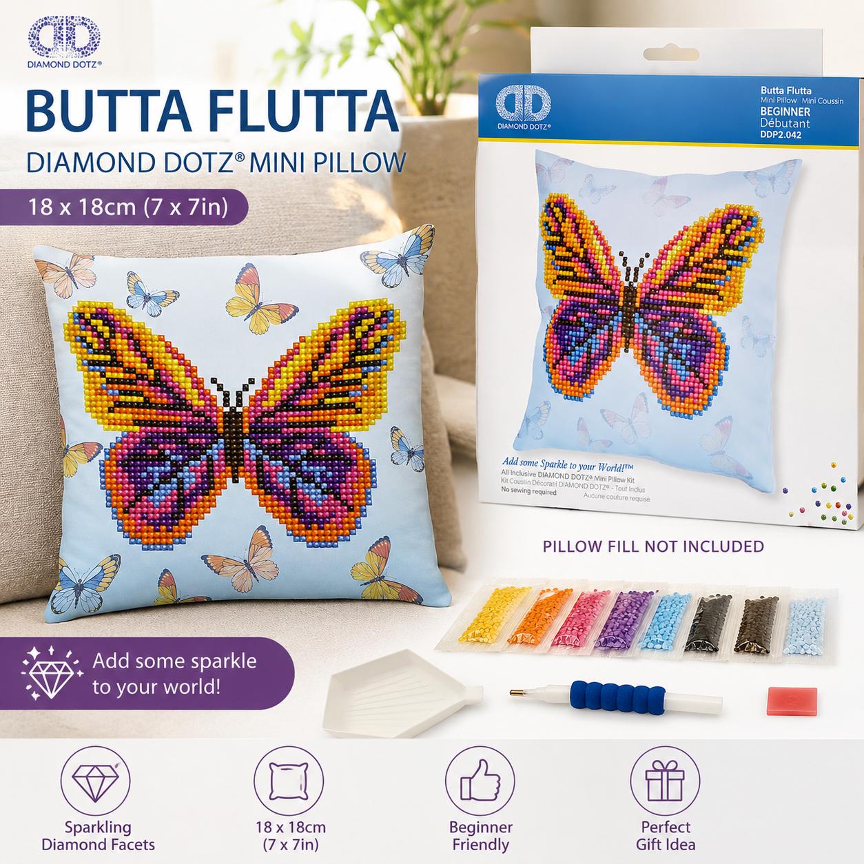Diamond Dotz Butta Flutta Pillow Kit | Butterfly Diamond Painting Cushion Cover | 18 x 18cm | DIY Diamond Art | Pillow Cover Only