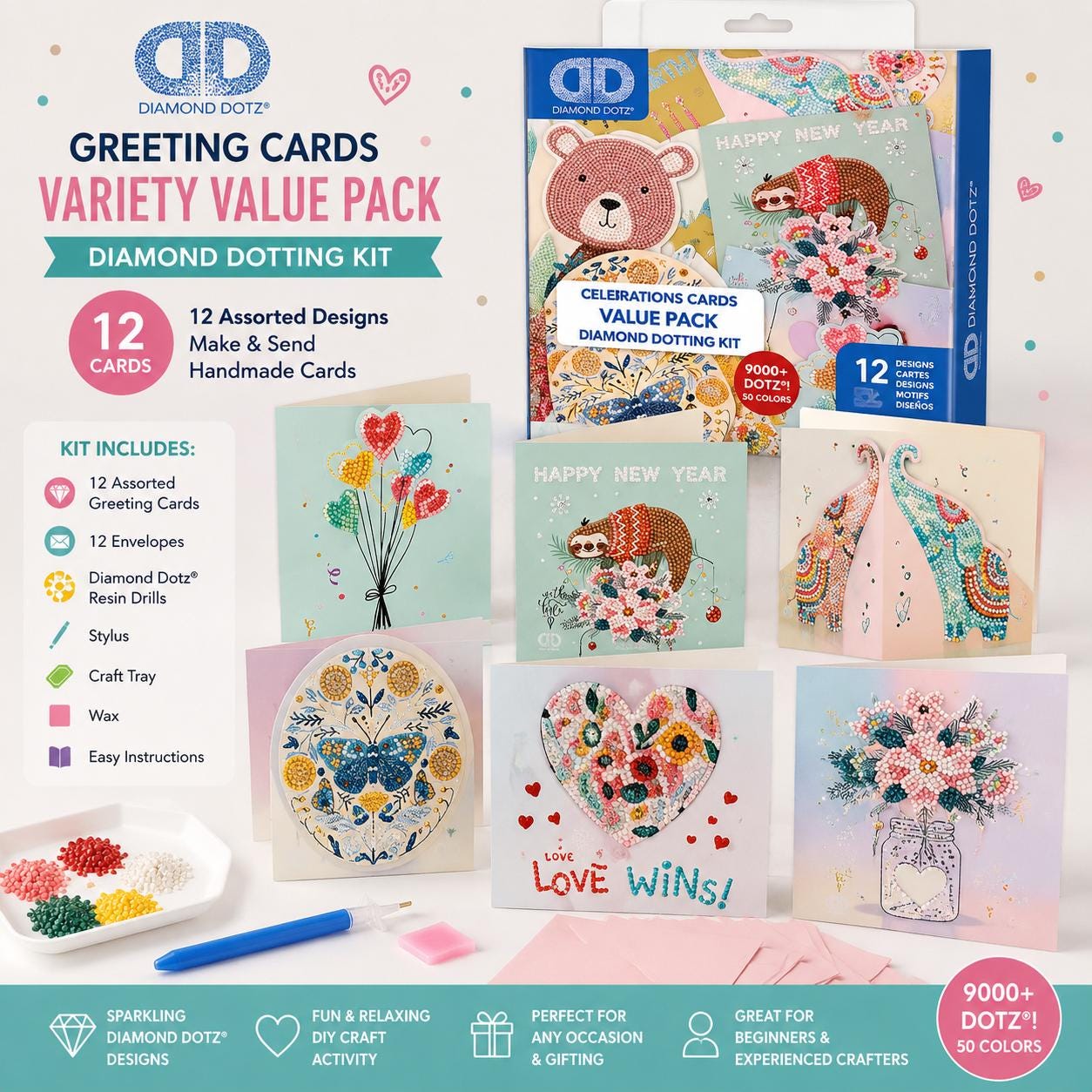 Diamond Dotz Greeting Cards Variety Pack | 12 DIY Diamond Painting Cards with Envelopes