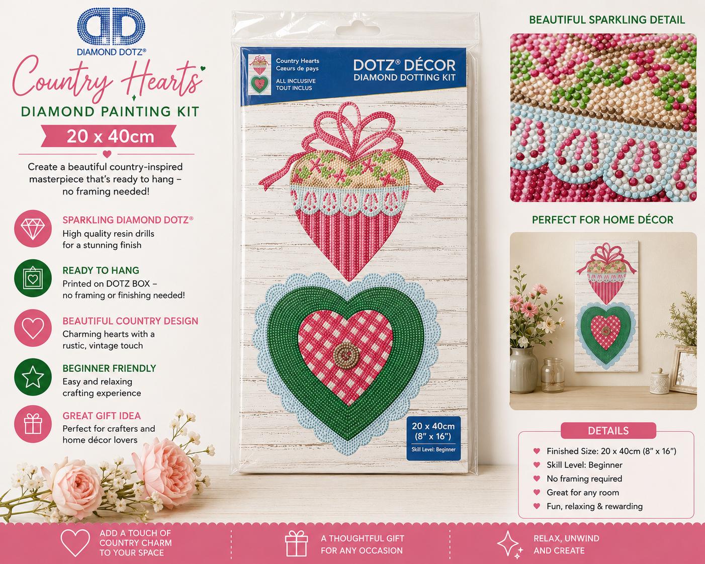 Diamond Dotz Country Hearts Diamond Painting Kit | Beginner Rustic Wall Art (20x40cm)