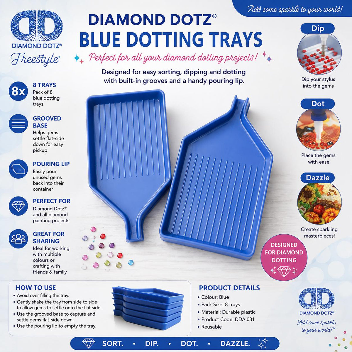 Diamond Dotz Blue Dotting Trays 8 Pack with Pouring Lip Diamond Art Accessories