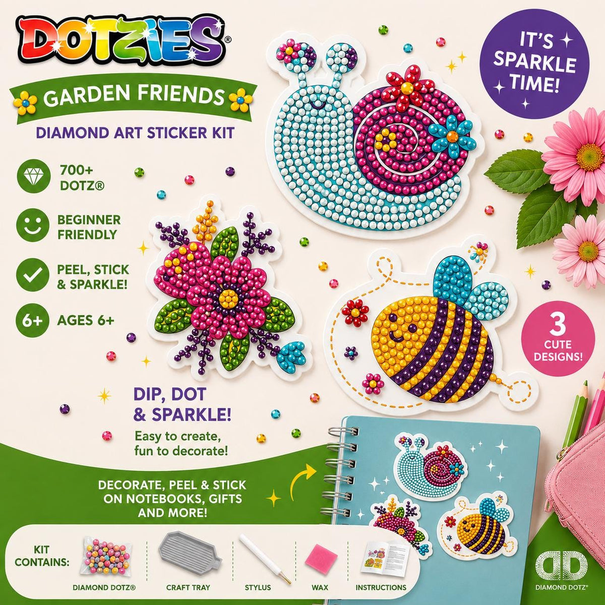 Diamond Dotz Dotzies Garden Friends Sticker Kit | 3 Animal Diamond Art Stickers | Beginner Craft