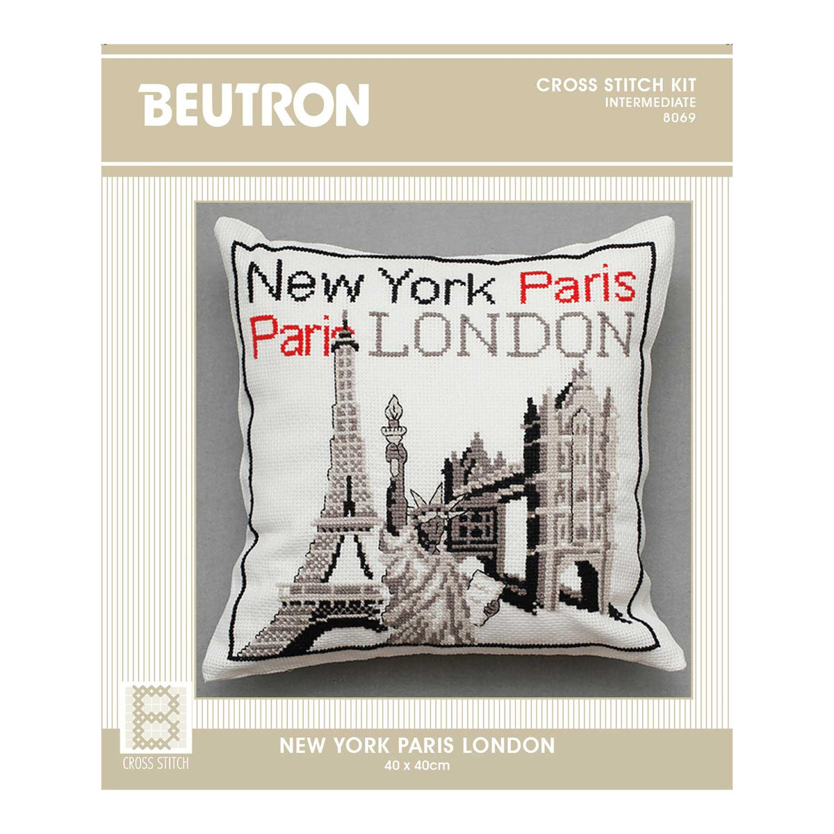 Beutron Cross Stitch Kit | London New York Paris Love | 8 Count Aida | Intermediate Embroidery Kit | Cushion or Wall Art