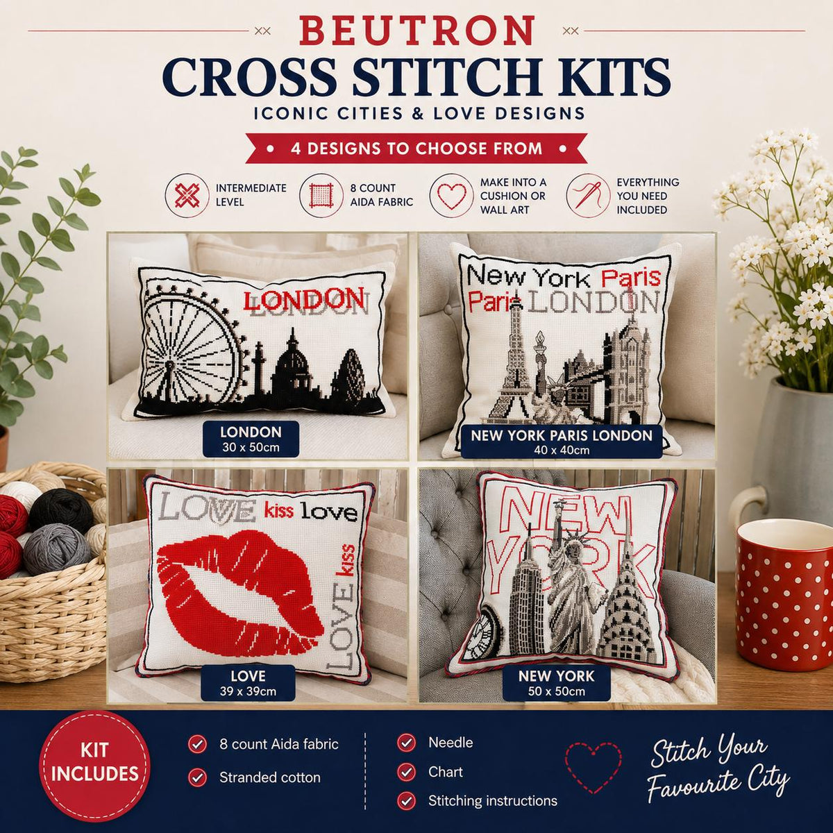 Beutron Cross Stitch Kit | London New York Paris Love | 8 Count Aida | Intermediate Embroidery Kit | Cushion or Wall Art